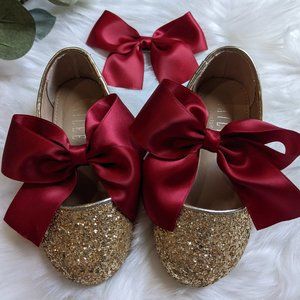 Gold Rock Glitter Maryjane Flats with Satin Bow and Matching Hair Bow